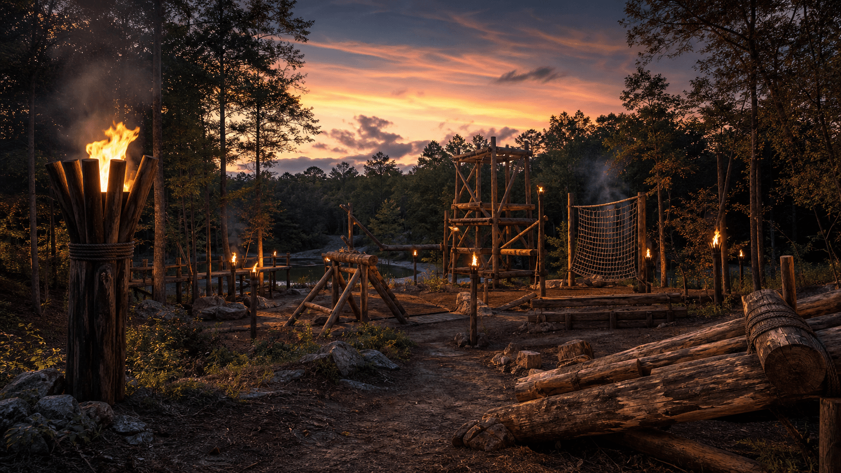 Torchlit outdoor challenge structure in a forest clearing